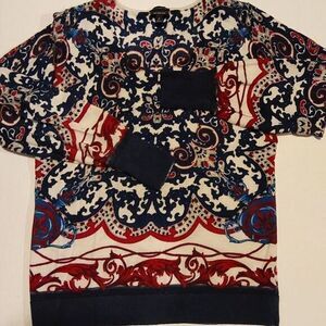 Talbots Womens Medium Long Sleeve Red White Blue Paisley 100%Merino Wool Sweater